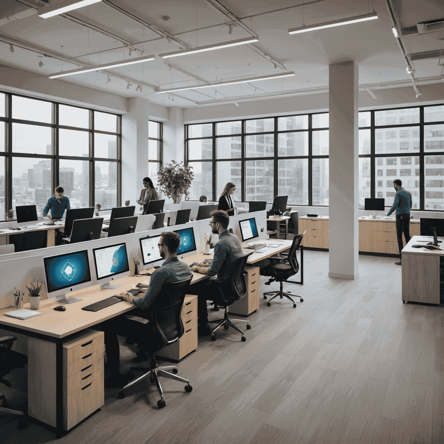 A modern office space with consultants working on personalized solutions, featuring sleek computers and interactive displays showcasing data analytics and client profiles.