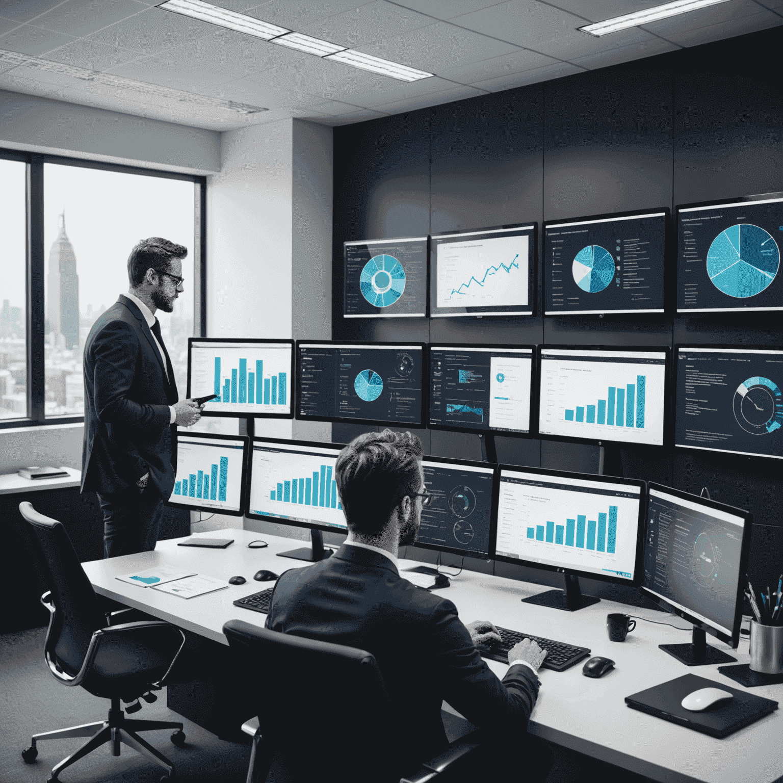 Lead researcher in a modern office setting, analyzing data on multiple screens showcasing personalized consulting solutions