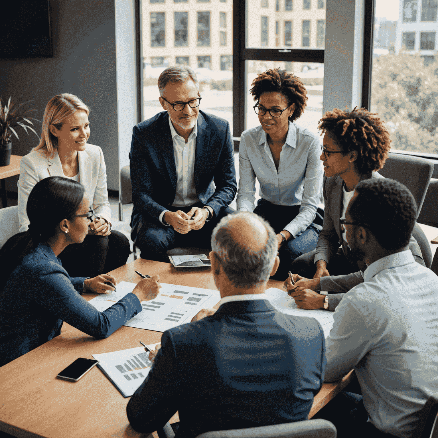 A professional coach guiding a diverse group of business leaders through a strategic planning session. The image showcases active listening, engagement, and collaborative problem-solving.