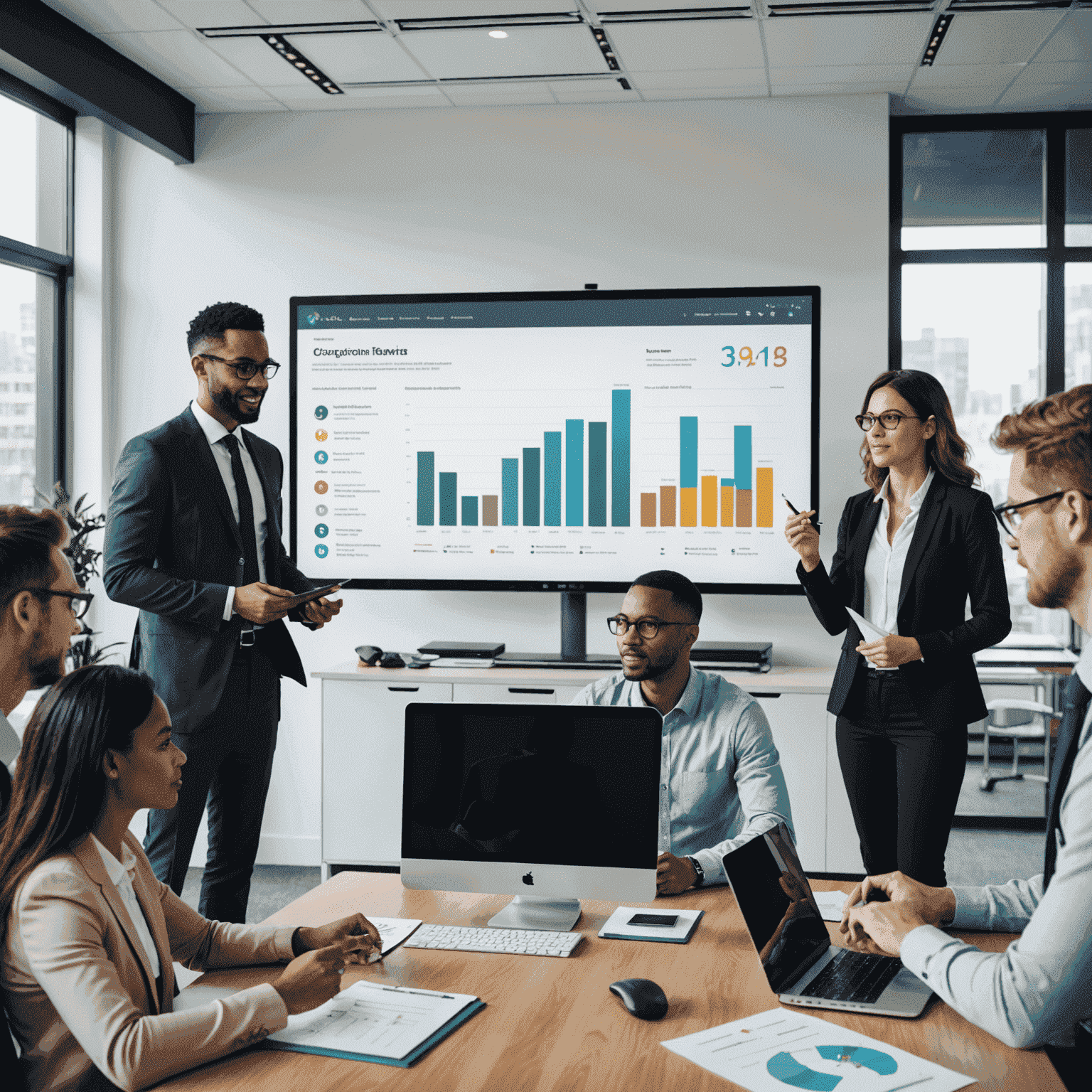 A professional team discussing performance metrics in a modern office setting, with charts and graphs displayed on screens in the background. The image showcases a diverse group of employees engaged in a collaborative performance review session.