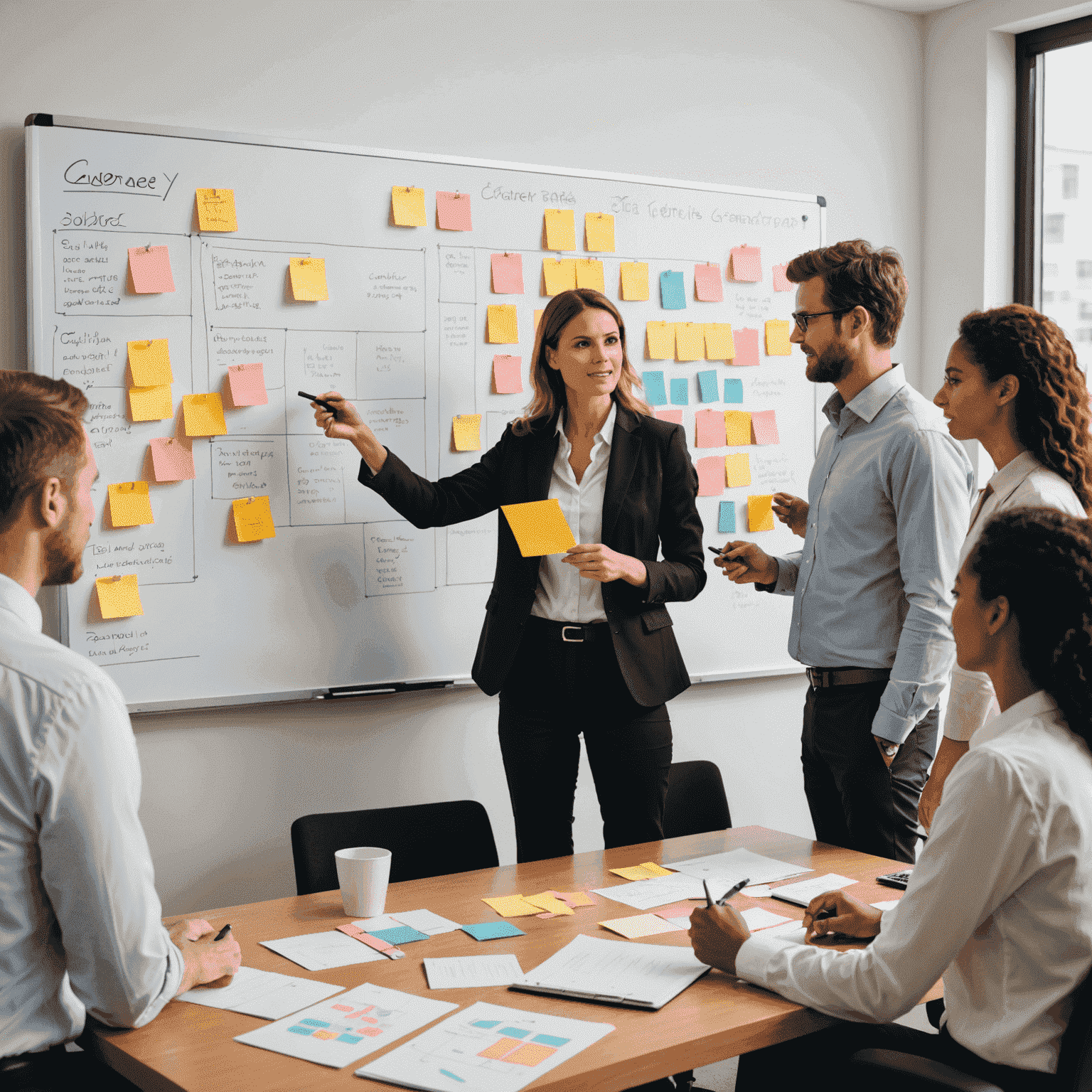 A team of professionals collaborating on a change management strategy, with a whiteboard showing process diagrams and sticky notes. The image conveys a sense of teamwork and strategic planning.