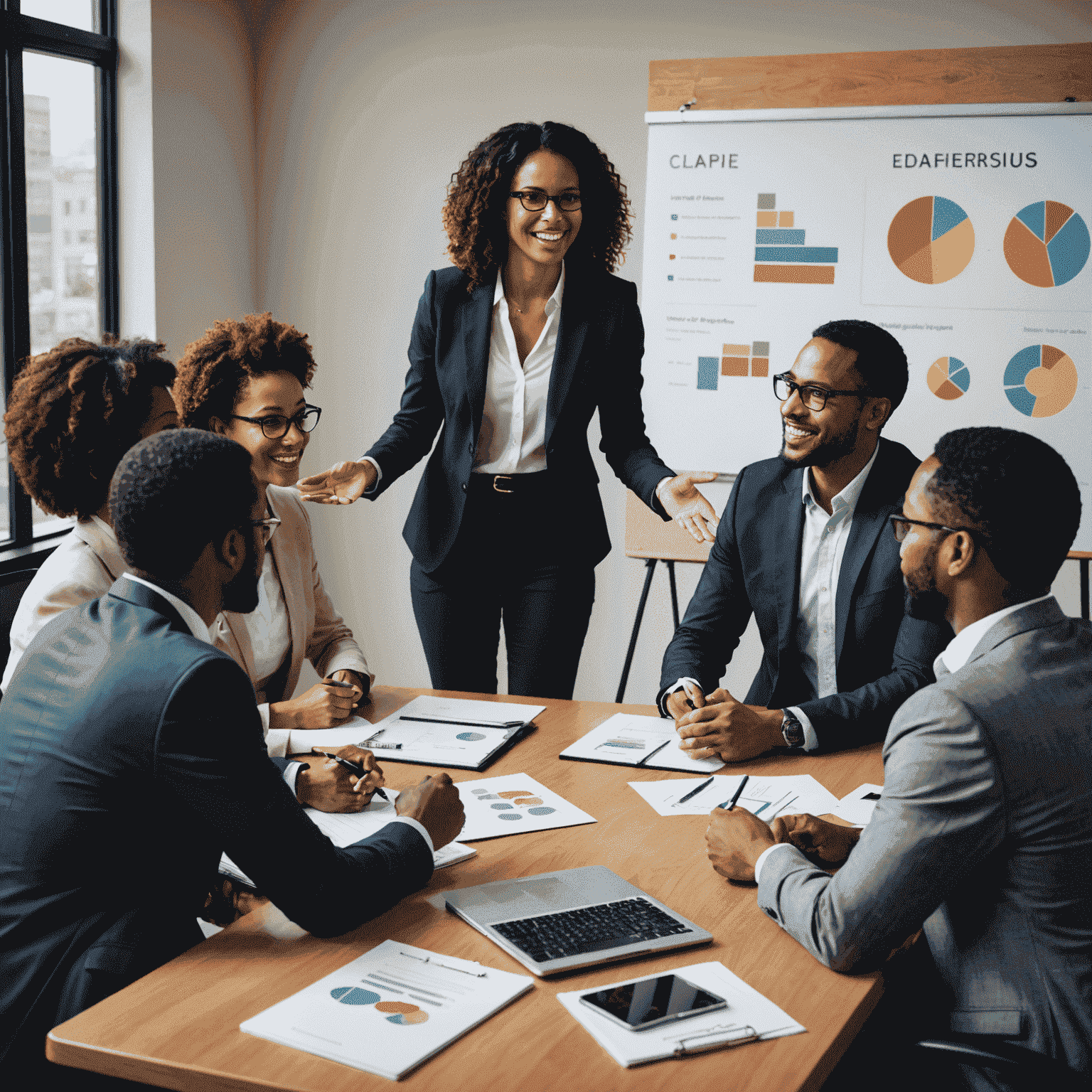 A montage of diverse leadership scenarios: a leader giving a presentation, mentoring a team member, and facilitating a brainstorming session. The image conveys growth, collaboration, and empowerment.