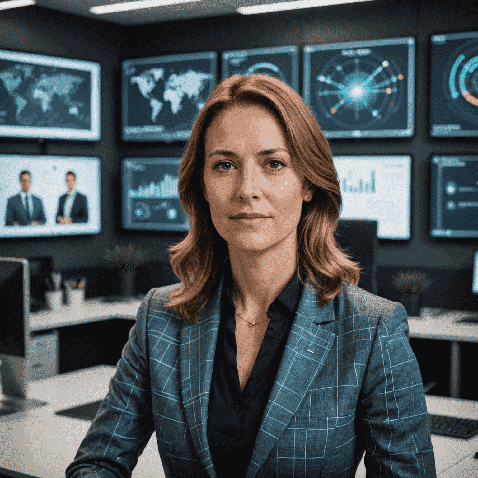 A professional headshot of Jeanne D'Arc Consulting's lead researcher in a modern office setting, surrounded by holographic displays showing data visualization of personalization methodologies.