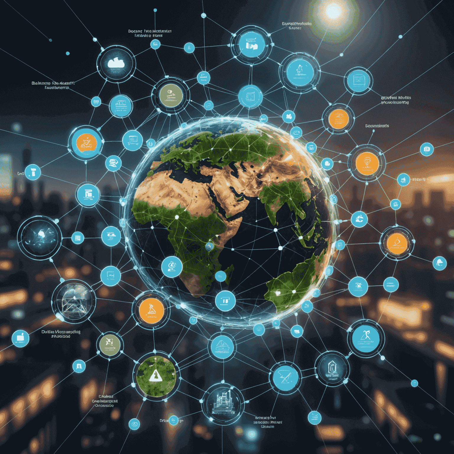 A futuristic visualization of JDCU's impact on various industries, showing interconnected nodes representing personalized solutions across different business sectors