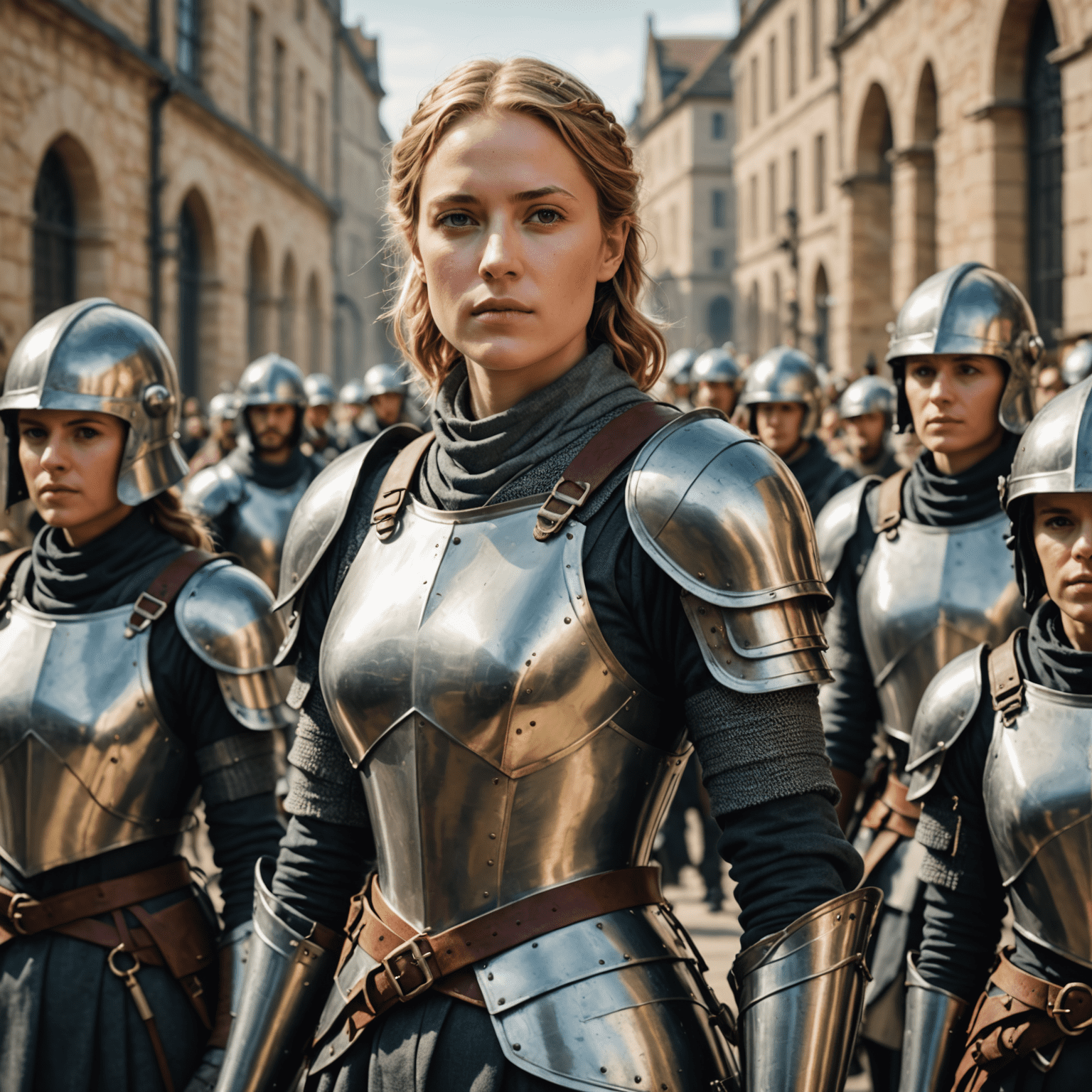 A stylized image of Jeanne D'Arc in modern business attire, mentoring a group of diverse professionals, symbolizing leadership and guidance