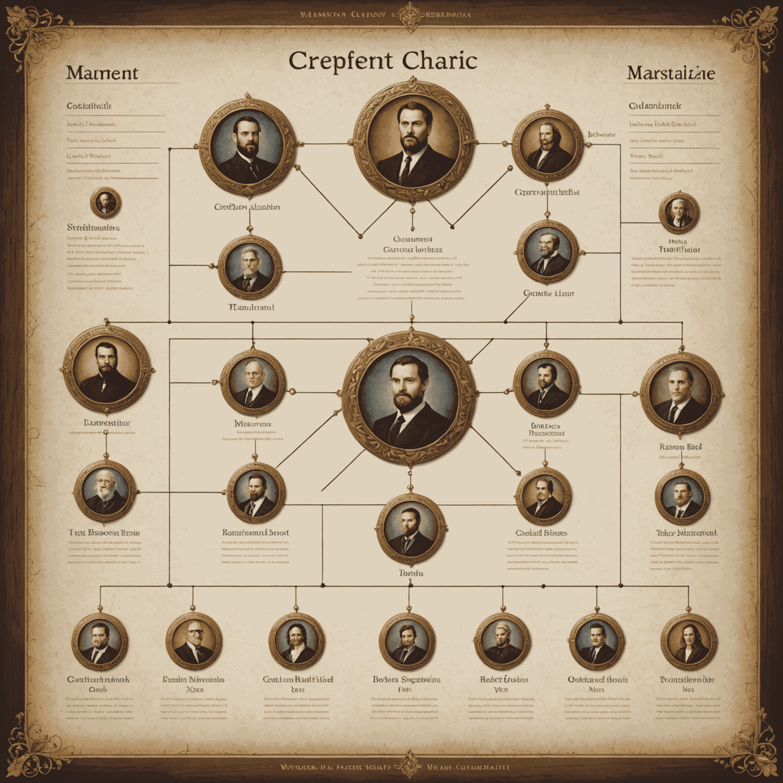 A modern organizational chart with medieval-inspired design elements, showcasing the blend of traditional values and contemporary business structures